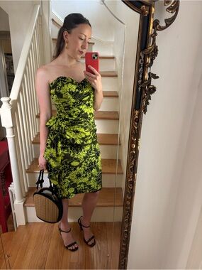 Vtg Silk Strapless Floral Cocktail Dress in Neon Green and Black
